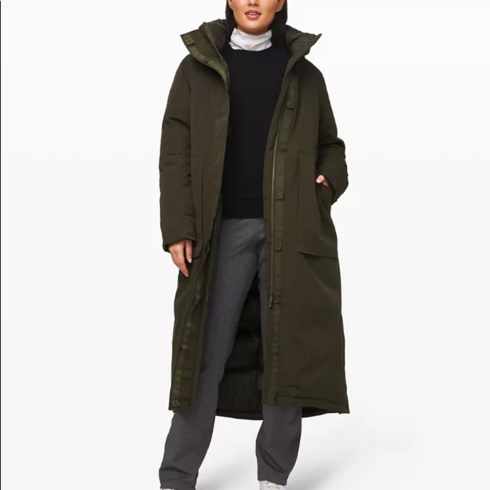 lululemon athletica Long Hooded Puffer Coat in Olive Green